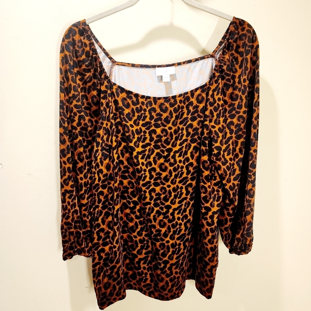 J. Jill Women's Leopard Print Square Neck Quarter Sleeves Relaxed fit Blouse M